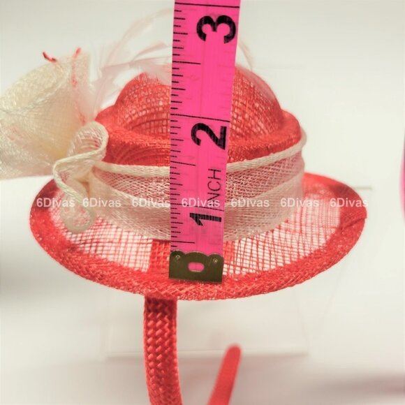 Red Top Hat Fascinator with Cream colored Feathers and Rosettes on Headband - Picture 14 of 14